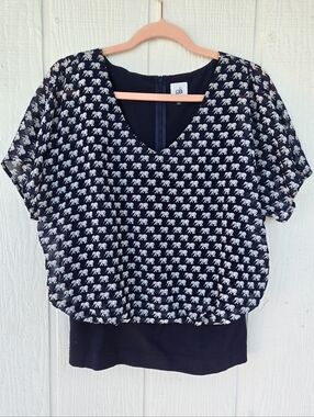 CAbi Elephant Parade V Neck Chiffon Layered Blouse Style #5345 Blue Small